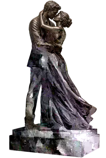 Romantic bronze sculpture of a bride and groom embracing